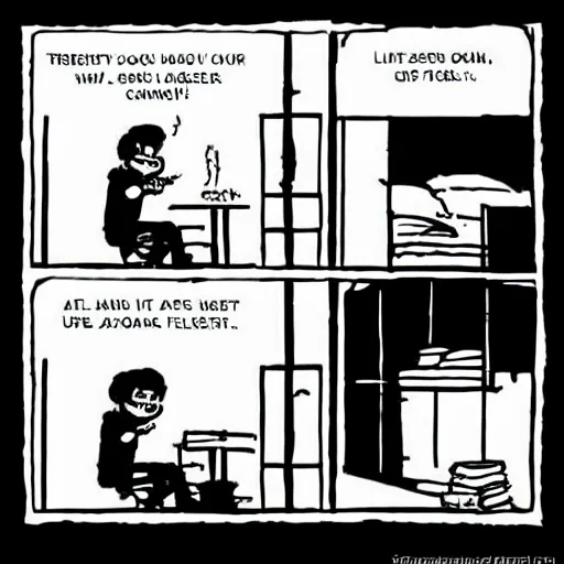 Image similar to hiding in closet too stressed to eat anxiety, in the style of Bill Waterson,
