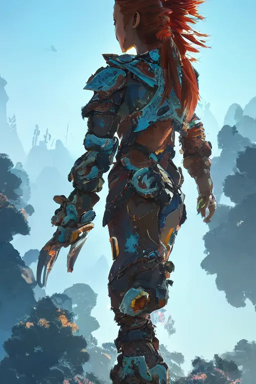 Image similar to combination suit armor aloy horizon forbidden west horizon zero dawn radiating a glowing aura global illumination ray tracing hdr fanart arstation by ian pesty and alena aenami artworks in 4 k tribal robot ninja mask helmet backpack