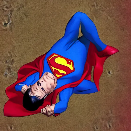 Prompt: superman laying on the ground, emaciated, his body slowly being absorbed by the ground, uhd, horror, 8 k, award winning, digital art, hyper detailed, trending on artstation,