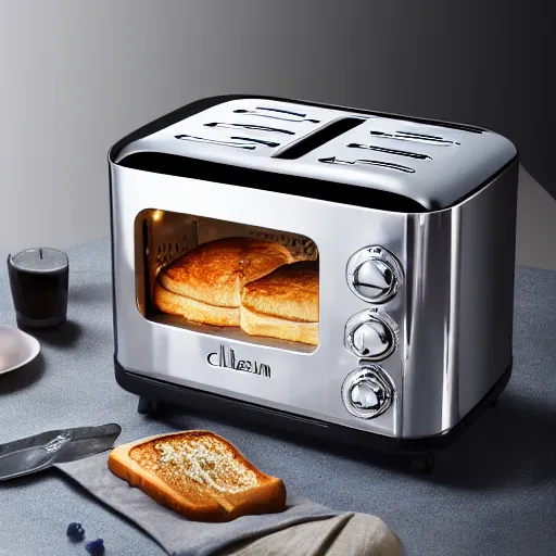 Prompt: cinematic photoshoot of clean modern hand crafted super futuristic toaster pro display xpr luxury smooth color metal white silver with black leather padding well design ultrareallistic detailed high quality 8 k photorealistic ultra realistic