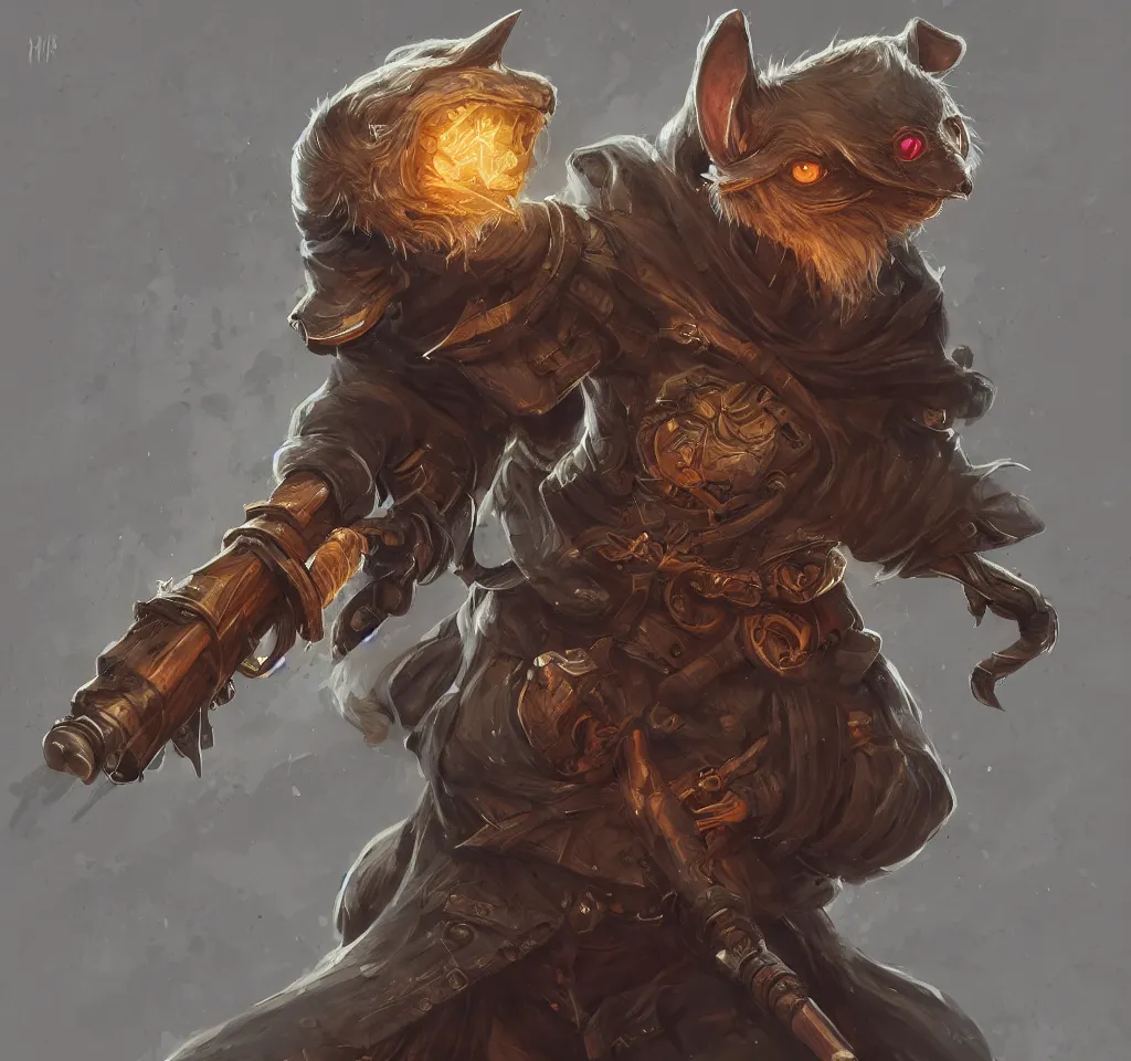 Image similar to a highly detailed illustration of a anthropomorphic rat wearing a long coat holding a wooden shotgun, glowing eyes, dramatic standingm muscular, intricate, elegant, highly detailed, centered, digital painting, artstation, concept art, smooth, sharp focus, league of legends concept art, wlop