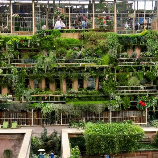 Image similar to hanging gardens of babylon with lots of people, shot from a distance