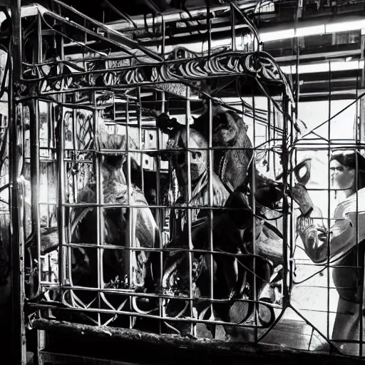 Prompt: scientists surrounding a creature locked in a cage in a warehouse, 1 9 2 0's sci - fi, black and white, 8 k, highly ornate intricate details, extreme detail,