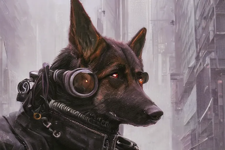 Image similar to new york city portrait of furry anthro anthropomorphic german shepard head animal person fursona wearing clothes strange cybernetic augmentations cyber muzzle gloomy rainy cyberpunk digital art by Greg Rutkowski, Simon Stalenhag, trending on Artstation, CGSociety