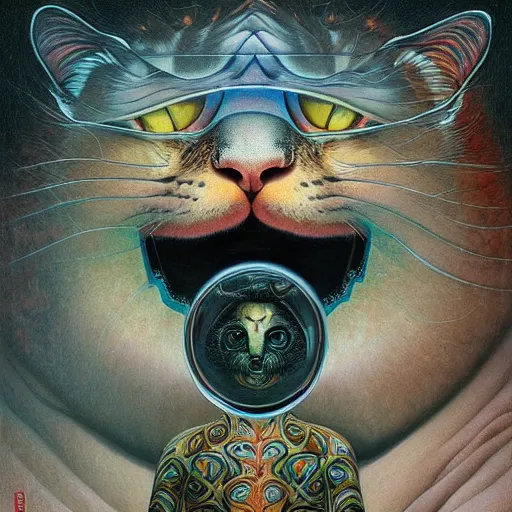 Image similar to a cat having an ego trip, by alex grey, by Esao Andrews and Karol Bak and Zdzislaw Beksinski and Zdzisław Beksiński, trending on ArtStation