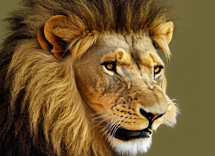 Prompt: a full head portrait, detailed photograph of a dreaming lion head with a little bird on it, beautiful low light, savana background, volumetric evening lights, photorealism, hasselblade shot, 4 5 mm, by franz lanting