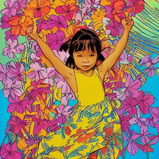 Image similar to a five - year - old hapa girl, wearing a hawaiian dress, dancing on a tropical beach, portrait, wide shot, midday light, bright colors, illustration, pop art, splash painting, graphic novel, art by geof darrow, ashley wood, alphonse mucha