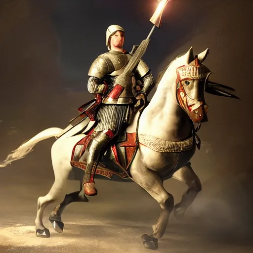 Image similar to a hero from the war of the roses riding an armored horse into battle with a lance and shield, epic, glory, high detail cinematic lighting