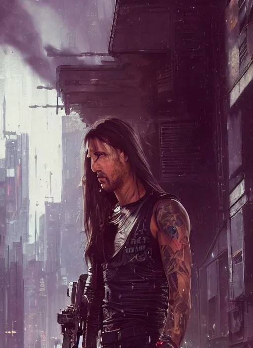 Prompt: long hair vampire. cyberpunk mercenary in a military vest ( blade runner 2 0 4 9, cyberpunk 2 0 7 7 ). orientalist portrait by john william waterhouse and james gurney and theodore ralli and nasreddine dinet, oil on canvas. cinematic, hyper realism, realistic proportions, dramatic lighting, high detail 4 k