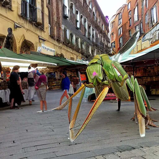 Prompt: Photorealistic human-sized Mantis religiosa shipping in medival street market