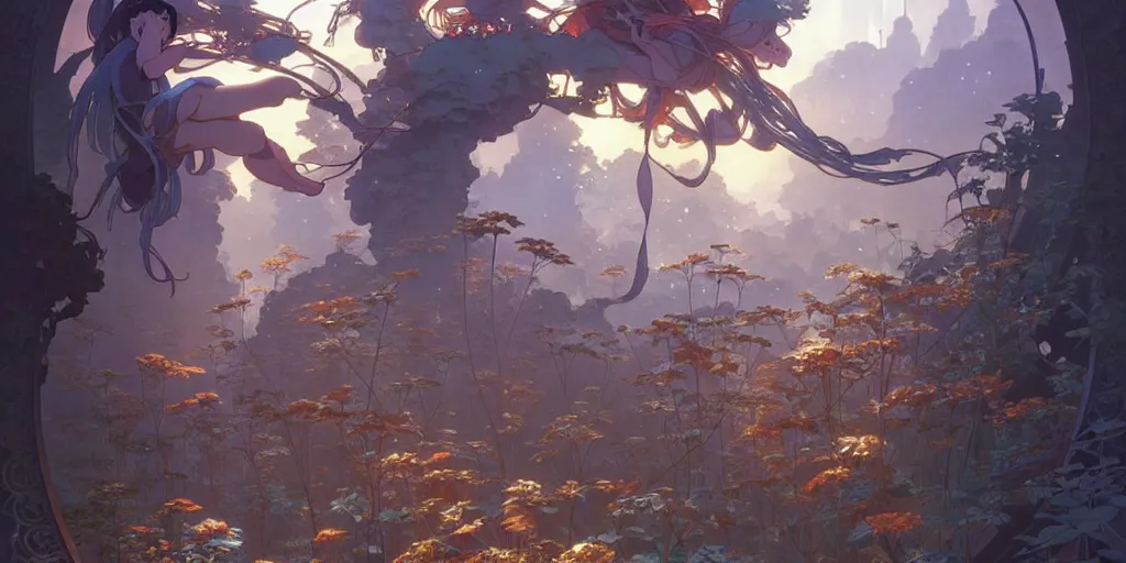 Image similar to twist your tiny lies into the spoon, spinning a web with your metallurgy. by hayao miyazaki and rossdraws and artgerm and greg rutkowski and alphonse mucha and studio ghibli. high quality, stunning, intricate detailed environment. 8 k