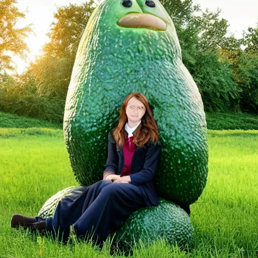 Prompt: hermione sitting in an a giant avacado, in a field, at hogwarts, ultra realistic, morning, 4 k, cinematic lighting, avacado suit, sitting in an avacado, realistic, photography - n 4