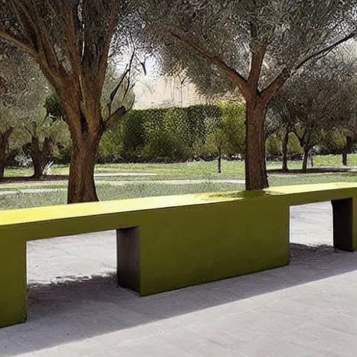 Image similar to creative concrete benches, colorful, olive trees