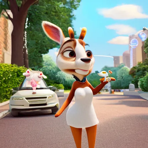 Image similar to portrait, 3 d render, tall little fat, anthropomorphic female deer, wearing along white dress, in the style of zootopia,