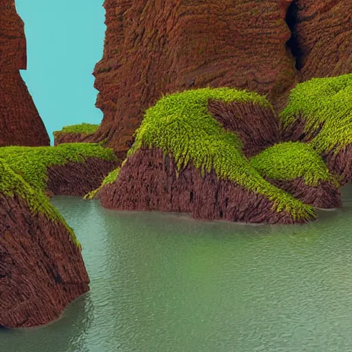 Image similar to digital art of a lush natural scene on an alien planet by lurid ( 2 0 2 2 ). beautiful landscape. weird vegetation. cliffs and water. grainy and rough. interesting colour scheme. soft warm colours. painting from high quality 3 d render. absurd.