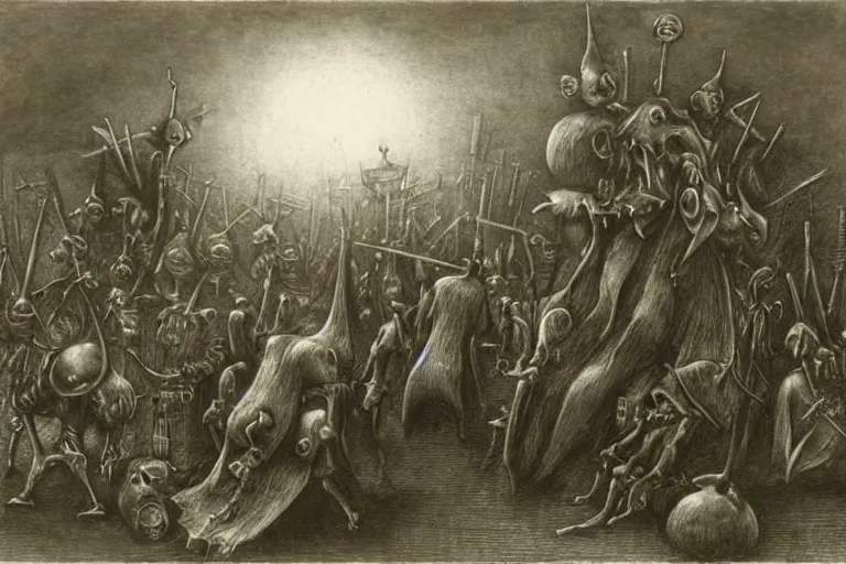 Prompt: plague doctors with rube goldberg machines in the fog by joel peter witkin, heironymus bosch, gustave dore, beksinski