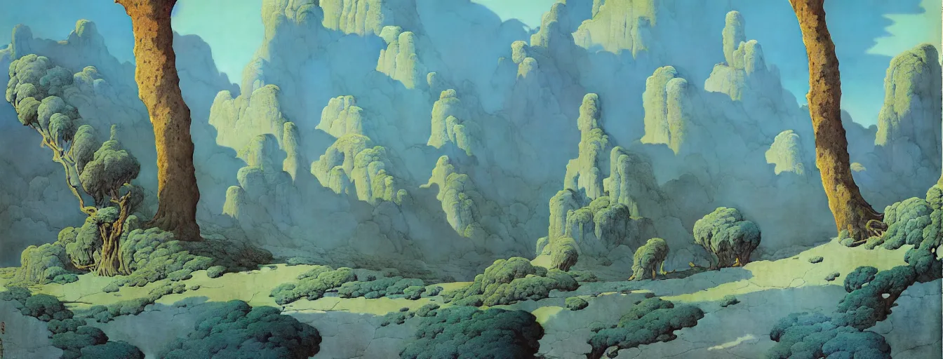 Image similar to a gorgeous very early spring blue desert painting by barlowe wayne maxfield parrish and marco mazzoni. tree no leaf!!!! china mountain village!! grey blue and very little light verdancy. ultra clear detailed. 3 d, octane render. turbulent blood lake.