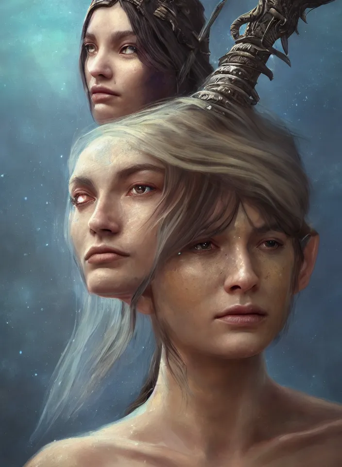 Image similar to a face portrait of a beautiful sorceress from skyrim casting a healing spell, fantasy setting, young face, serene colors, soft lighting, atmospheric, cinematic, moody, in the style of diego koi, gina heyer, luiz escanuela, art by alyssa monk, hyperrealism, rule of thirds, golden ratio, oil on canvas, 8 k