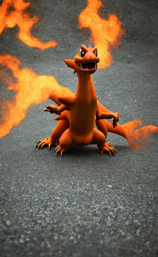 Prompt: a photograph of a realistic charizard, photography, highly detailed, depth of field, bokeh, volumetric fog