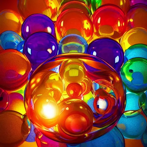 Prompt: glass art bowl filled with colored glass ball shapes, colorful glass art, caustics, warm colors, beautiful lighting, museum piece, style of flavie audi, 3 d rendering, octane rendering, highly detailed, epic