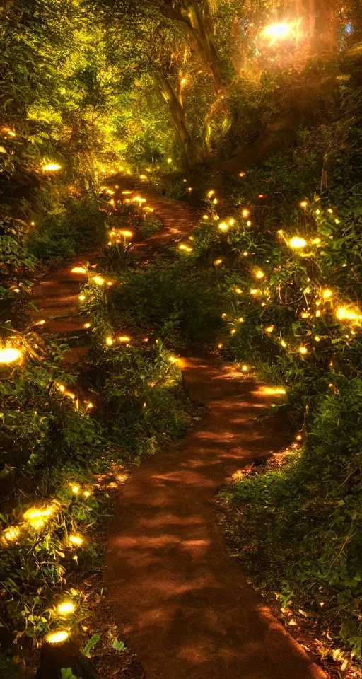 Image similar to a winding pathway through lothlorien, illuminated by an otherworldly glow