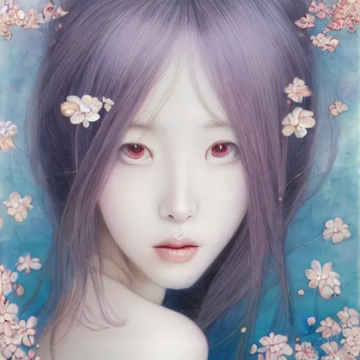 Image similar to princess Portrait by Miho Hirano, manga, realistic, detailed, white, light pink tonalities, beautiful collage technique including flora, sea, wind, ornate sea background, beautiful Fantasy detailed trending on artstation, oil painting,Dramatic lighting, eterea , high quality print, fine art with subtle redshift rendering