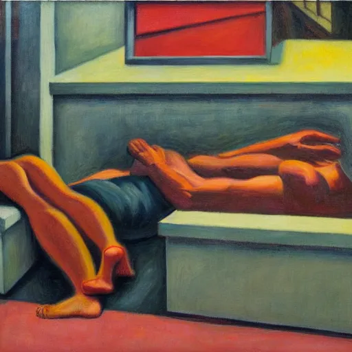 Prompt: people sleeping on slabs, dystopian, pj crook, edward hopper, oil on canvas