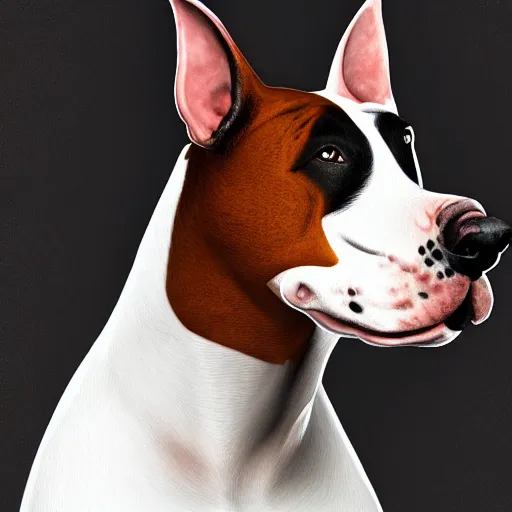 Image similar to Bull Terrier, Dog, Portrait, Male, very detailed, artstation, digital art, complex, award winning, masterpiece, realism