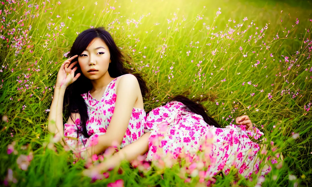 Image similar to a beautiful young Asian woman lying in a field of wildflowers, wearing a sun dress, portrait, dreamy, cinematic, depth of field, glow