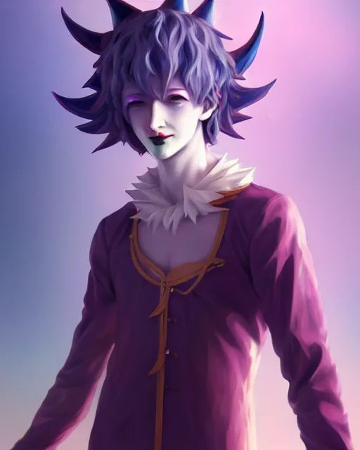 Prompt: extremely attractive soft feminine male as a jester anime character screenshot, nagito komaeda and hisoka jester, anime feminine male fool, intricate, sharp focus, illustration, highly detailed, digital painting, cell shaded, concept art, matte, art by ilya kuvshinov and kyoto animation and wlop, ruan jia, greg rutkowski, studio quality