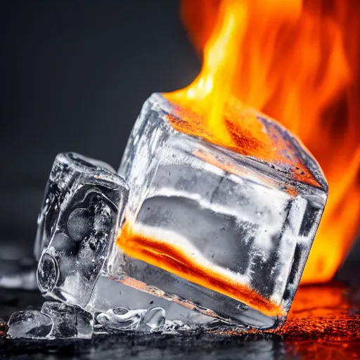 Image similar to High definition professional photography of an ice cube that is on fire, 8k, studio lighting