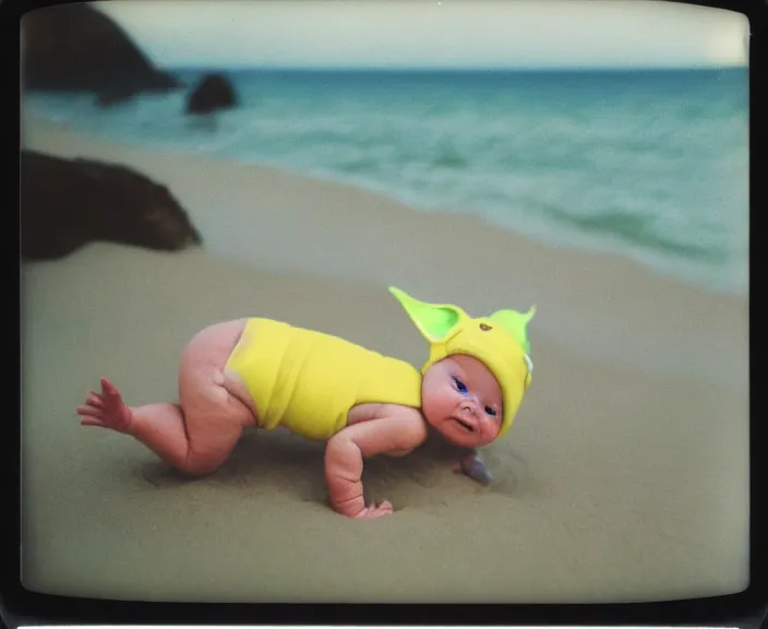 Prompt: polaroid photo of a very detailed baby yoda in yellow swim suit!! at the beach next to a big seagull!!!!. photo by martin parr and annie lebovitz. fisheye lens