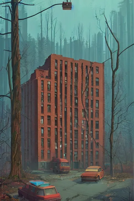 Prompt: (((((a ramshackle manhattan brick brownstone deep in the forest))))) by Simon Stalenhag!!!!!!!!!!!!!!!!!!!!!!!!!!!