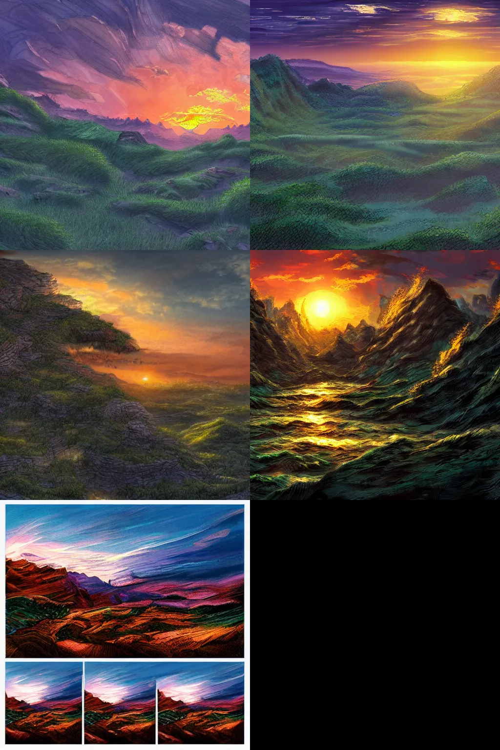 Prompt: Highly detailed landscape during sunset in the style of Jim lee, 4k