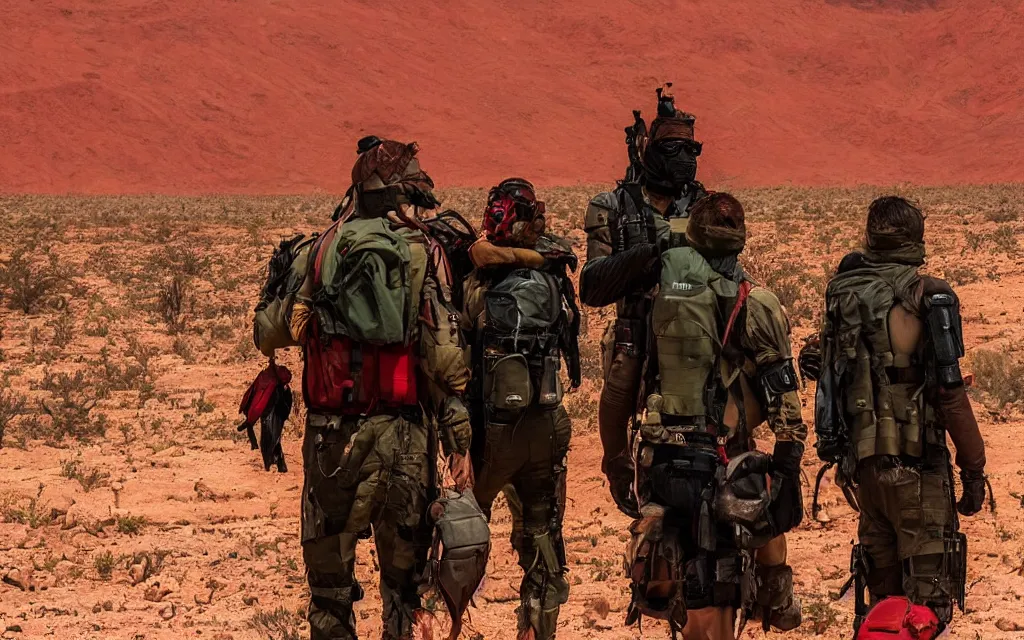 Prompt: in a hot red desert with a distant oasis a group of five people in dark green tactical gear like death stranding and masks, red mesas behind them. They look afraid. dusty, red, mid day, heat shimmering.