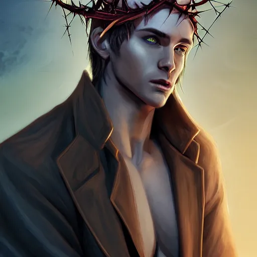 Image similar to Lucifer as an attractive cody fern with blue eyes and long dirty blonde hair with a chiseled jawline, wearing a demonic crown of thorns, 4k digital character design by Artgerm, WLOP, beeple, Hi-Fructose, James Jean, Andrei Riabovitchev, Marc Simonetti, yoshitaka Amano, Artstation, CGsociety