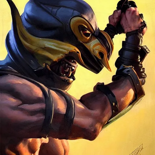 Image similar to greg manchess portrait painting of scorpion from mortal kombat as overwatch character, medium shot, asymmetrical, profile picture, organic painting, sunny day, matte painting, bold shapes, hard edges, street art, trending on artstation, by huang guangjian and gil elvgren and sachin teng