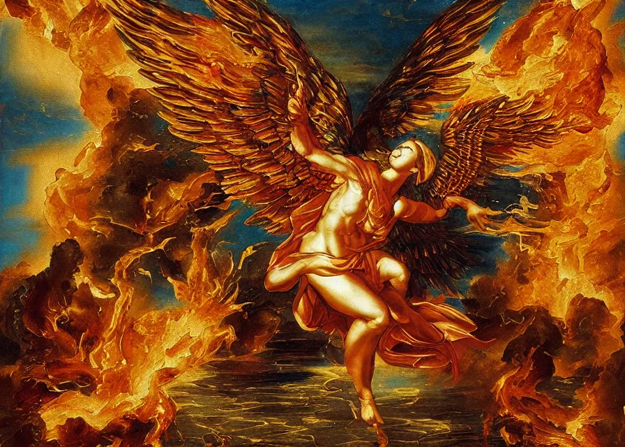 Prompt: firey archangel made of gold flying above a lake of fire, sparkling embers, renaissance oil painting