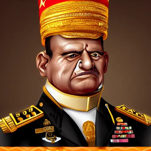 Prompt: a caricature of an angry south-american muscular army general wearing a golden forehead headband, thick mustache, bald, orange skin, pear-shaped skull with the thicker part at the bottom, high-quality digital art