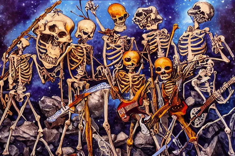 Image similar to skeleton rock band, art by danny flynn and simon bisley, trending on artstation, halfrear, oil and canvas, very very intricate, post - modernism