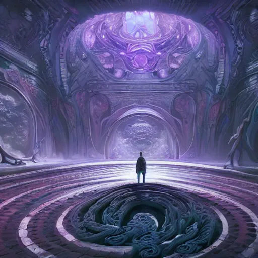 Prompt: a ultradetailed beautiful concept art a view of the unconscious labyrinth filled with countless path to the depth of the mind, dramatic lighting, dynamic lighting, cinematic lighting, purple color scheme, ultrawide angle, f 8, polarizer filter concept art, high resolution 4 k, by raphael lacoste and beeple and andreas rocha and artgerm, featured on artstation