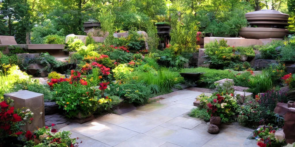 Image similar to small award winning patio designed by frank lloyd wright, with award winning stone work, lots of plants and flowers, on a sunny day, photo