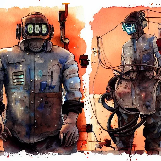 Image similar to watercolor of a cyberpunk mechanic, realistic, detailed, Industrial Scifi, in the style of Ashley Wood and Moebius