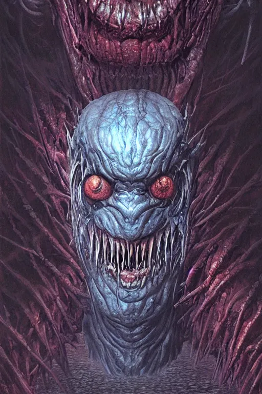 Prompt: a monstrous creature with a single giant bloodshoot eye, and mouth filled with thin sharp teeth, by wayne barlowe, ( ( ( horror art ) ) ), dramatic lighting, highly detailed digital painting