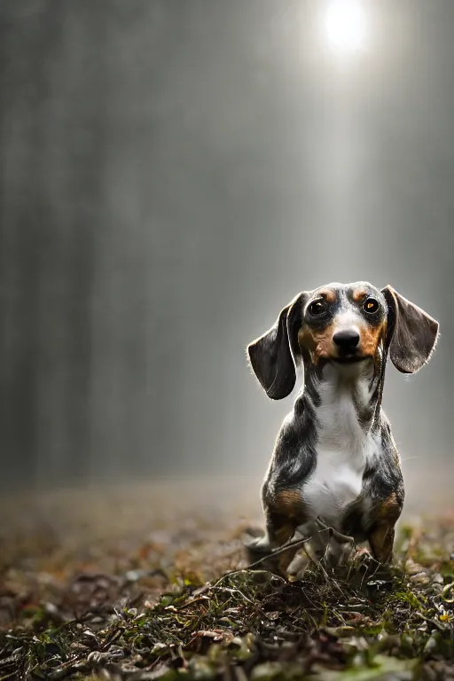 Prompt: beautiful photo of a dappled dachshund with green eyes playing in a snow forest in the early hours of the morning with morning fog and snow. sunrise. nature. photography. national geographic. detailed face and fur, ultra hd, sharp. volumetric lighting, hasselblad. nikon z 9. 1 0 0 mm. f / 2. 5
