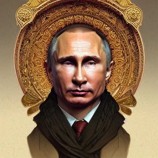 Prompt: a portrait of ( male ) putin, upper half portrait, decorated with russian motifs, traditional russia, intricate, rugged, highly detailed, symmetry, headpiece, digital painting, artstation concept art smooth sharp focus, illustration, art by artgerm and greg rutkowski alphonse mucha 8 k