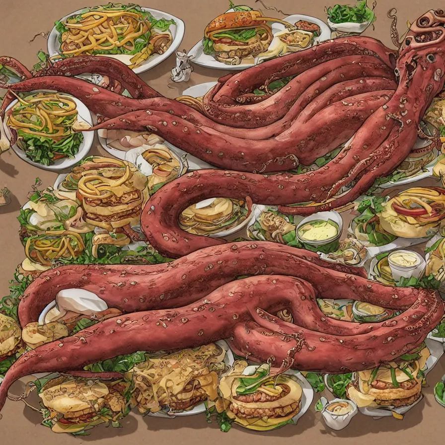 Image similar to a beautiful ultra detailed anatomical illustration of a giant squid holding many burgers, tentacles wrapped around burgers, artstation, 8 k