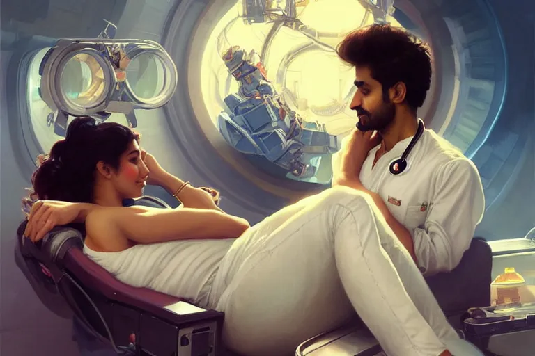 Image similar to Sensual good looking pale young Indian doctors wearing jeans partying in a space station above Earth performing surgery, portrait, elegant, intricate, digital painting, artstation, concept art, smooth, sharp focus, illustration, art by artgerm and greg rutkowski and alphonse mucha