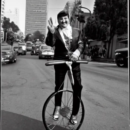 Prompt: a photo of liberace on a unicycle, san francisco