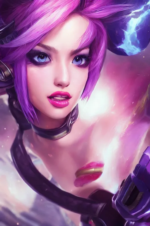 Image similar to portrait art of vi from league of legends, 8 k ultra realistic, digital art, character portrait, highly detailed, trending on artstation, lens flare, atmosphere, hyper realistic, cinematic lightning, sharp focus, unreal engine 5, extreme details perfect face, pretty face, fine - face, illustration, 8 k, ultra texture, masterpiece